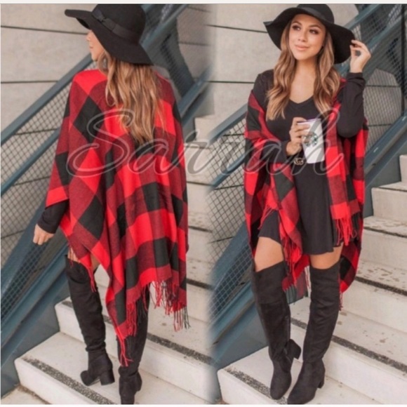 Last 1 New Cozy Soft Chic Plaid Fringe Poncho Ruana - Picture 2 of 10